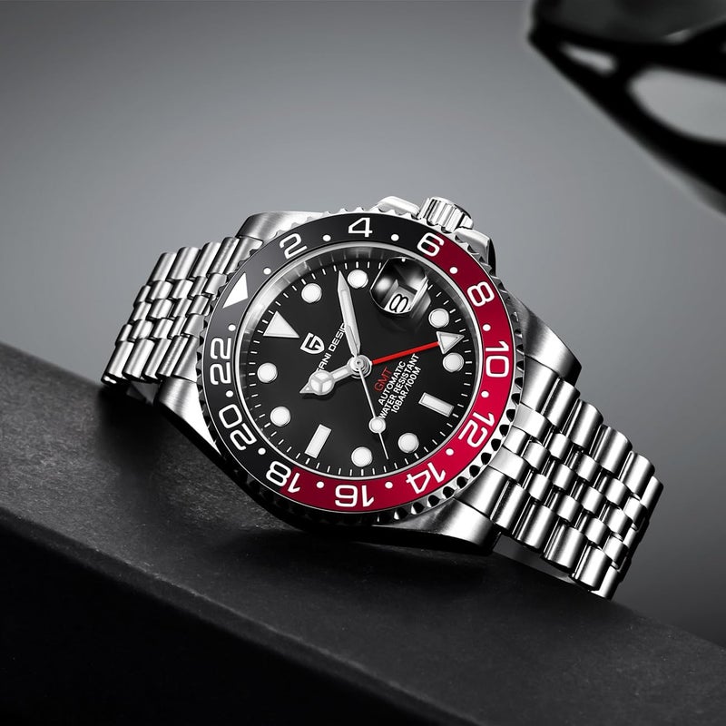 PAGANI DESIGN ساعة باجاني ديزاين أوتوماتيكية ميكانيكية للرجال GMT - مقاومة للماء حتى 100م مع إطار سيراميك وأيدي مضيئة (يوبيل-أسود أحمر) - Image 2